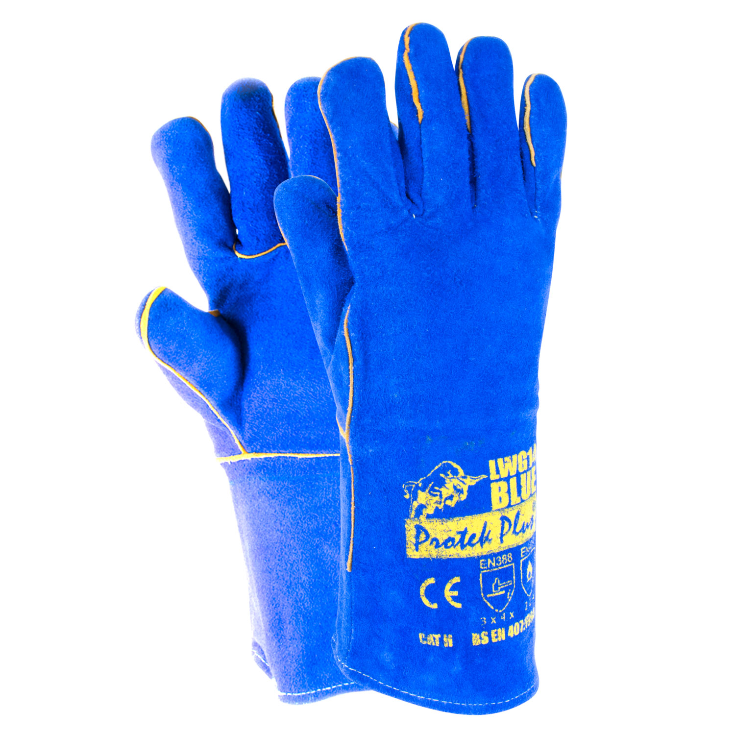 LWG14 BLUE | ถุงมือหนังงานเชื่อมไฟฟ้า ตัดเลเซอร์ สีน้ำเงิน ยาว 14 นิ้ว Protek Plus