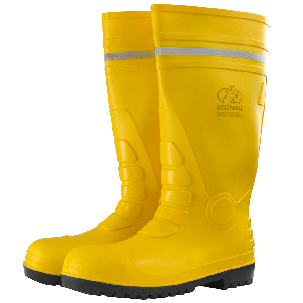 BUZZY BULL YELLOW SAFETY BOOT 38 cm รองเท้าบูทยาง สูง 38cm หัวเหล็ก พื้นเหล็กบนเหลืองพื้นดำ กันกรดด่าง ห้องเย็น