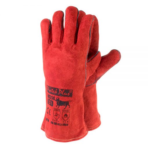 LWG14 RED | ถุงมือหนังงานเชื่อมไฟฟ้า ตัดเลเซอร์ สีแดง ยาว 14 นิ้ว Protek Plus