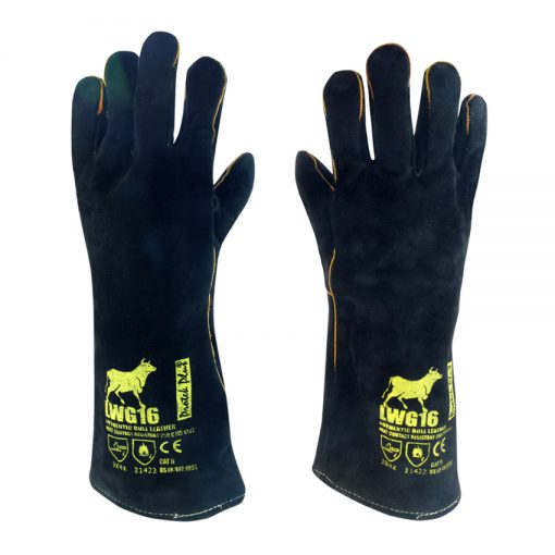 LWG16 BLACK | ถุงมือหนังงานเชื่อมไฟฟ้า ตัดเลเซอร์ สีดำ ยาว16นิ้ว Protek Plus